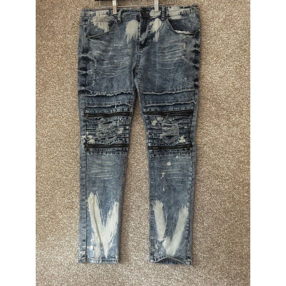 Jewel House Men’s Distressed Paint Splatter Slim Denim Biker Jeans Size 38X30